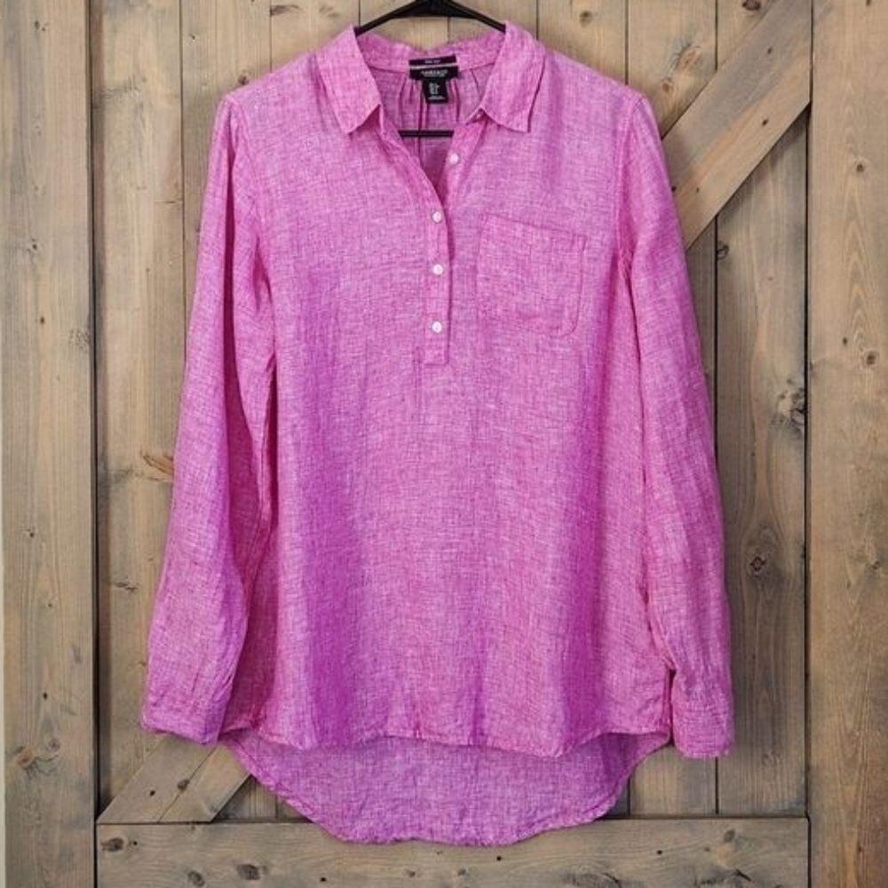 Jones & Co 100% Linen Popover Size Small Oversized Roll Tab Beach Coastal